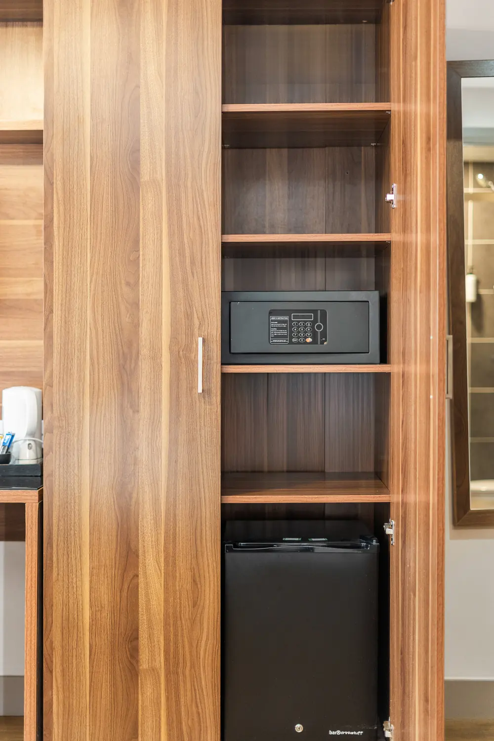 Wardrobe with in-room safe and drinks chiller