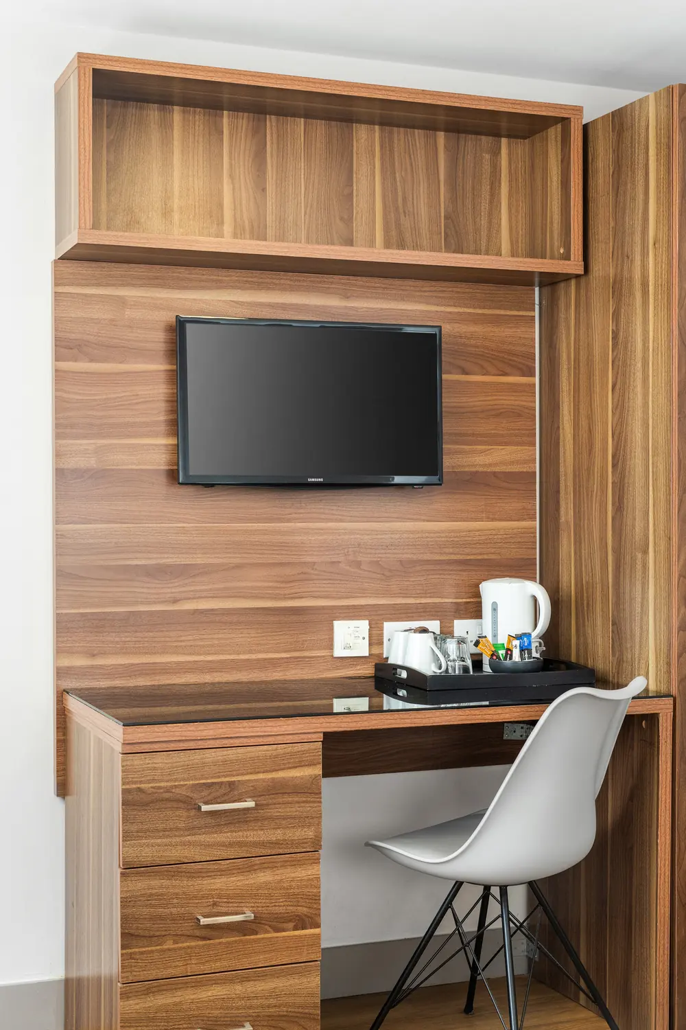 Desk, TV and tea and coffee station